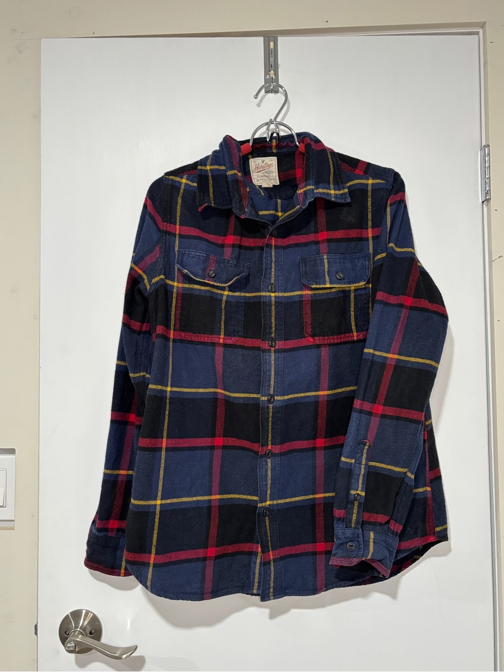 American Eagle Outfitters Navy Plaid Flannel Shirt with Red & Yellow Accents